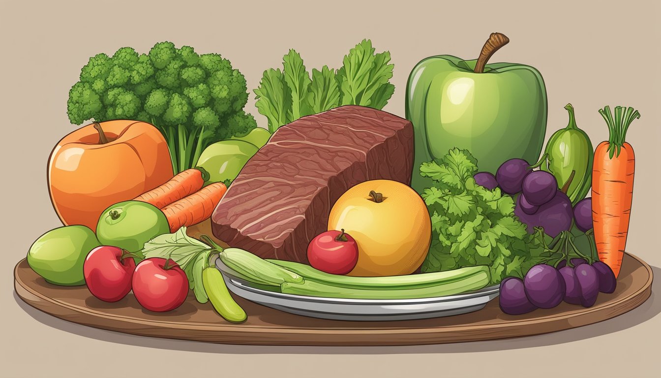 A variety of fruits and vegetables, such as apples, carrots, and celery, arranged on a plate with a steak and other meat products