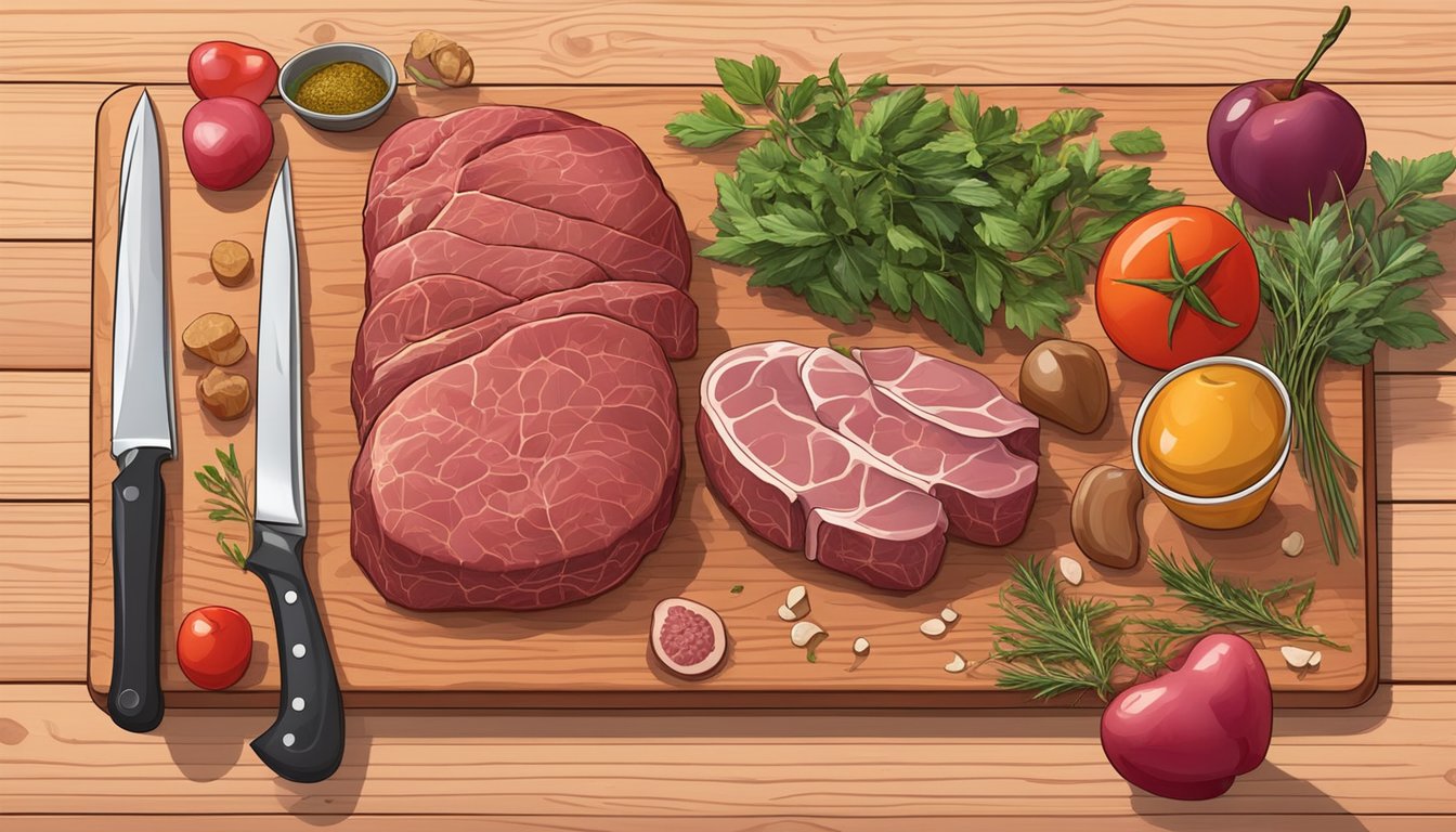 A variety of organ meats arranged on a wooden cutting board, including liver, heart, and kidney, with a sharp knife and some herbs nearby