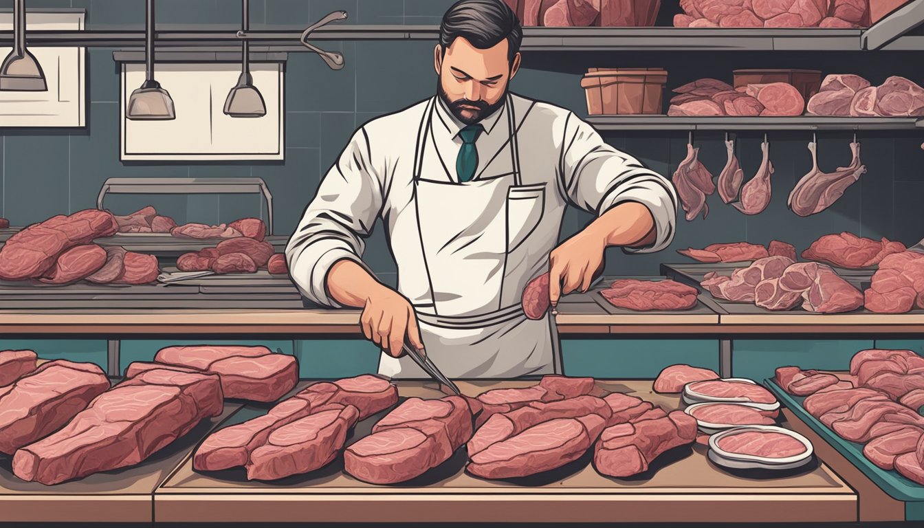 A butcher carefully selecting and inspecting various organ meats for a carnivore diet