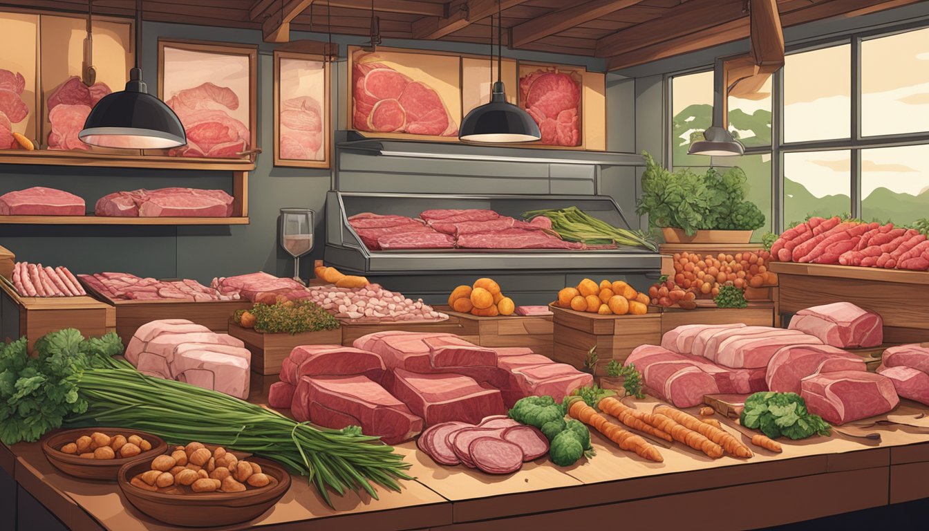 A butcher's table with various organ meats arranged neatly on display, surrounded by sustainable and ethical farming imagery