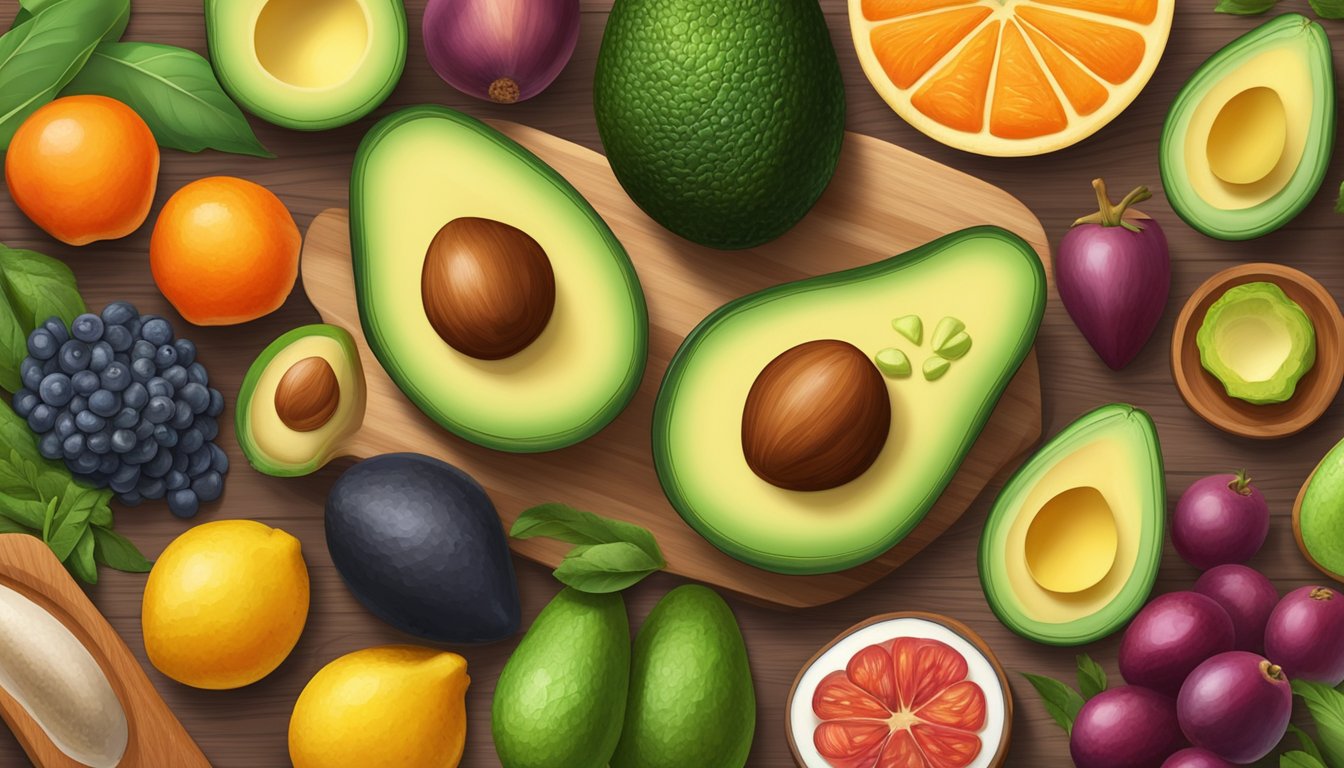 A variety of healthy fats, such as avocados, nuts, and oily fish, are arranged on a wooden cutting board, surrounded by vibrant fruits and vegetables