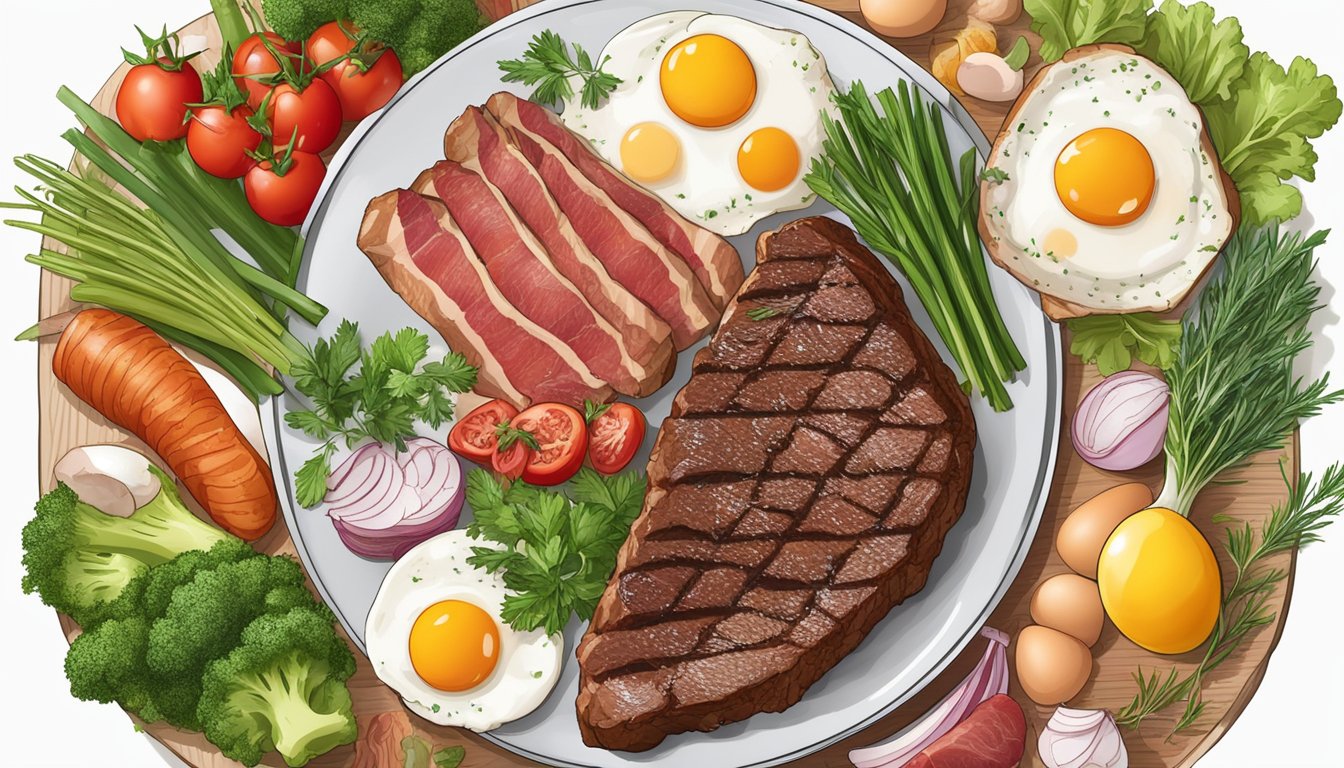 A plate with a variety of meats, including steak, bacon, and eggs, surrounded by fresh vegetables and herbs