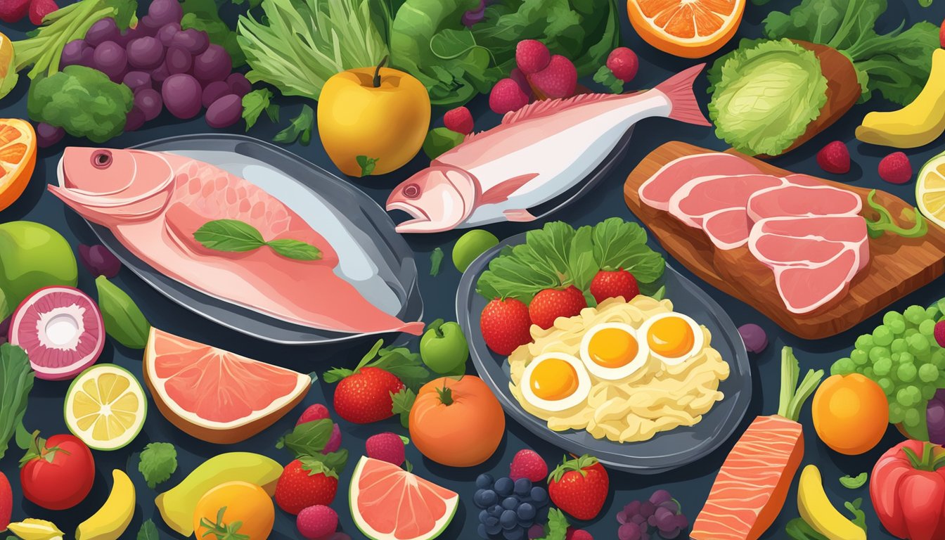 A carnivorous feast of meat, fish, and eggs, surrounded by vibrant fruits and vegetables, symbolizing the journey towards recovery from breast implant illness