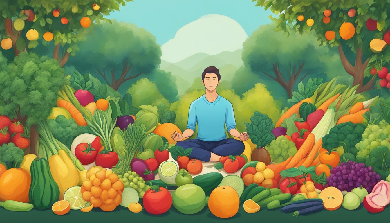 A person surrounded by vibrant fruits and vegetables, meditating in a peaceful garden setting