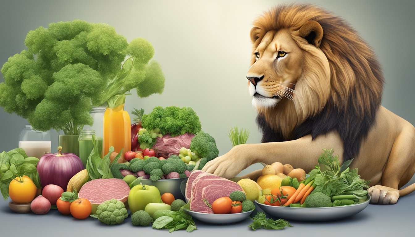 A lion transitioning from a meat-based diet to a plant-based diet, with a focus on its pancreas recovering and adapting to the change