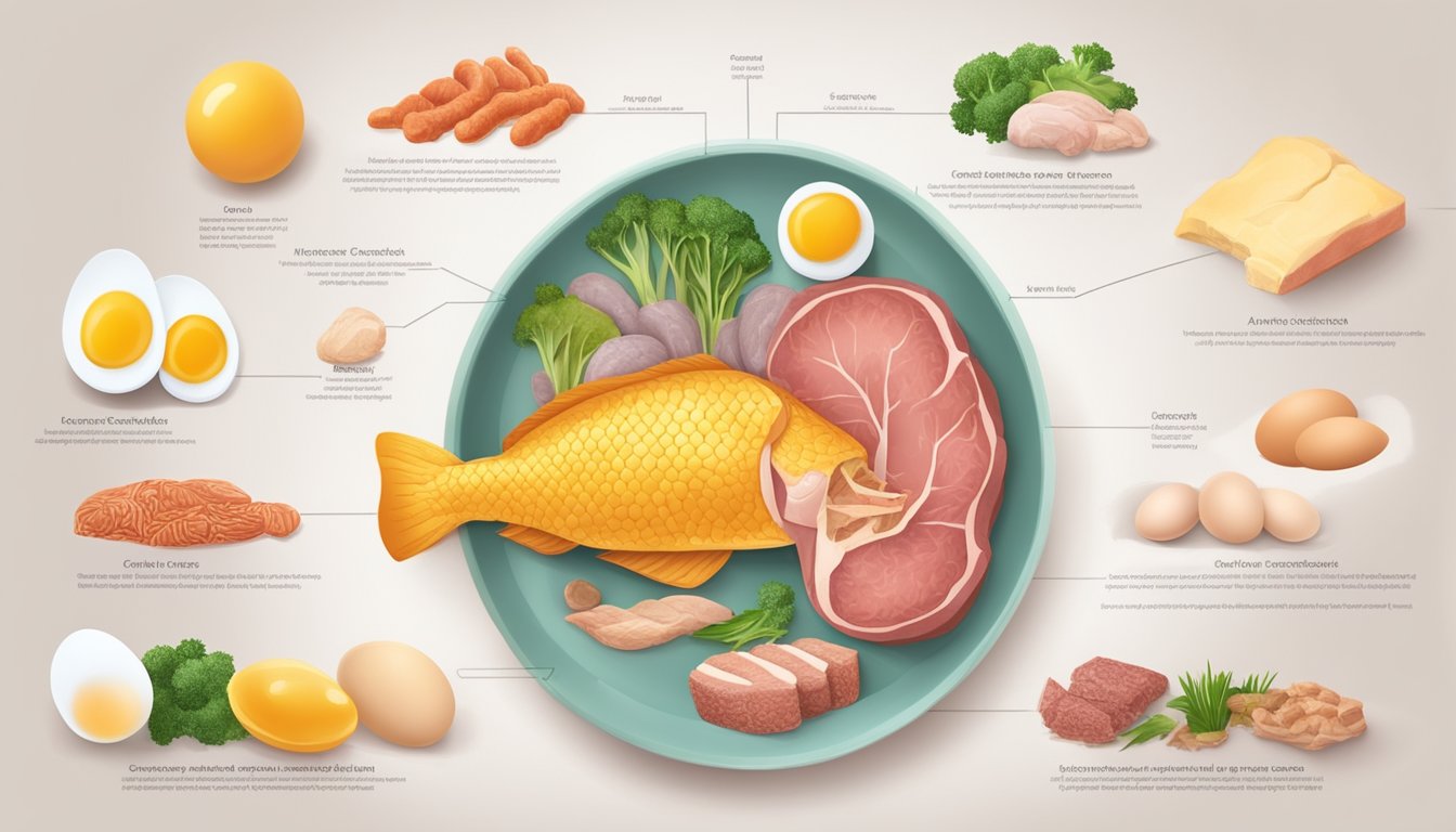 A carnivore diet with meat, fish, and eggs. Pancreatic function shown through digestion and nutrient absorption in the small intestine