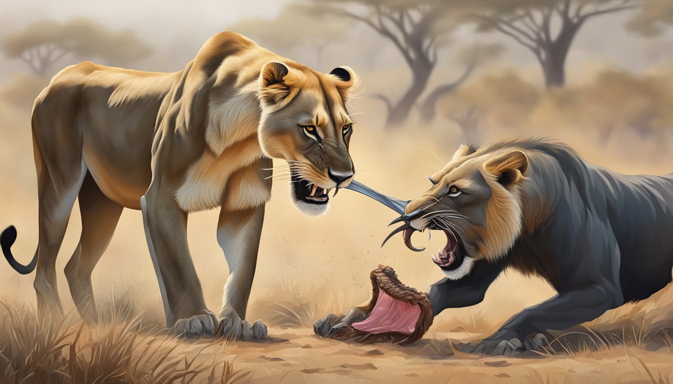 A lioness devouring a freshly caught wildebeest, her powerful jaws tearing into the meat as she feasts on her carnivorous diet