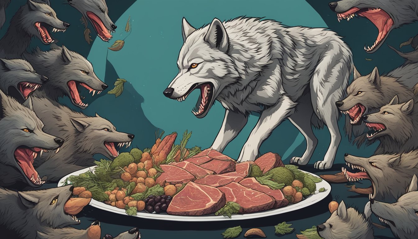 A snarling wolf feasting on raw meat, surrounded by a circle of scavengers eyeing its kill