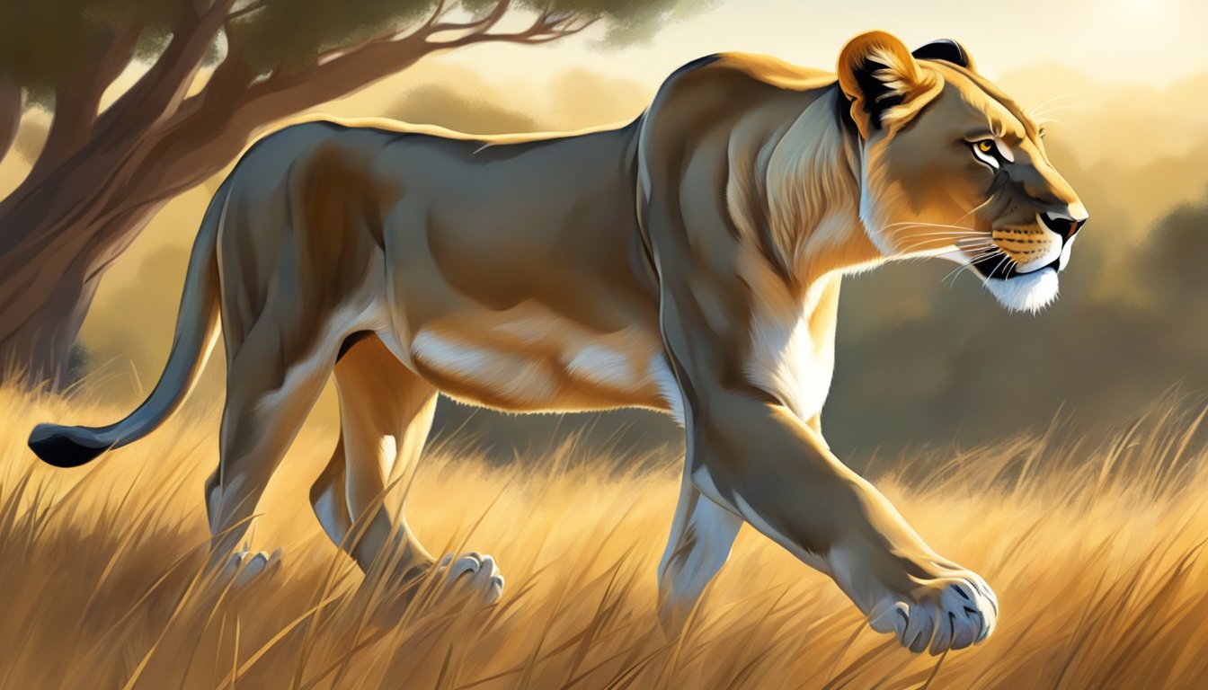 A lioness prowls through a savanna, stalking her prey with focused intensity. The sun beats down, casting shadows across the dry grass as she prepares to pounce