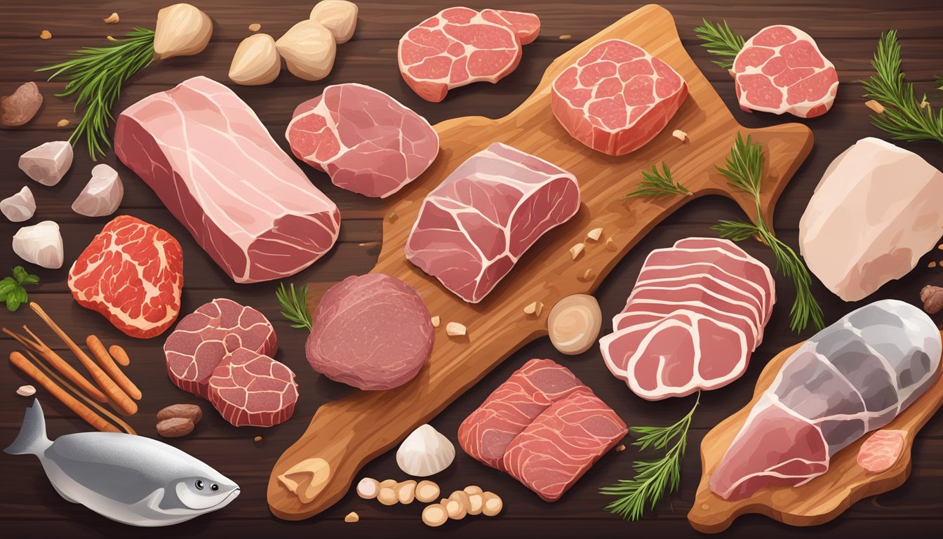 A variety of raw meats and animal products arranged on a wooden cutting board, surrounded by scattered bones and a few whole animals