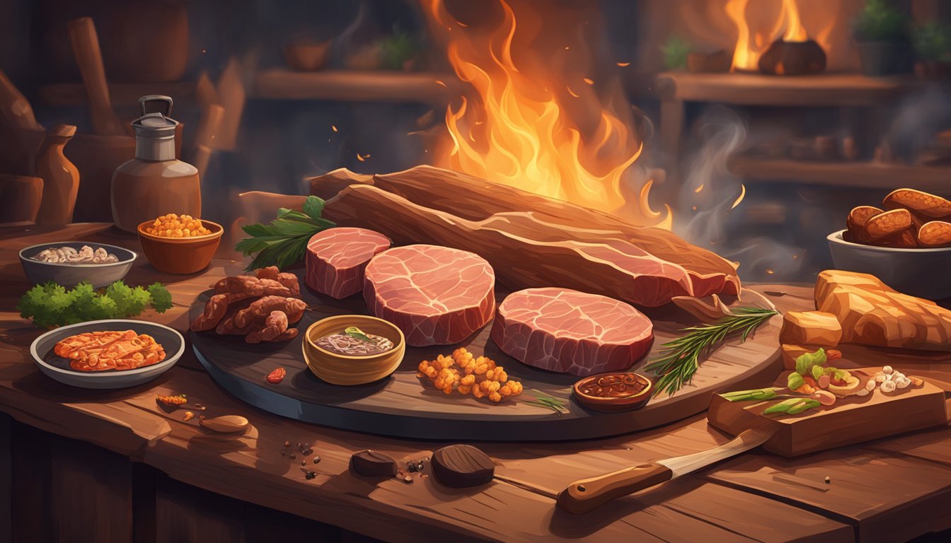 A roaring fire burns in the background as a variety of raw meats and animal bones are scattered across a rustic wooden table. Smoke and sizzling sounds emanate from the grill, creating a primal and intense atmosphere