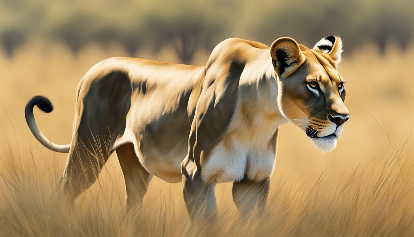 A lioness prowls through a grassy savanna, her powerful muscles rippling beneath her sleek coat. In the distance, a herd of antelope grazes peacefully, unaware of the predator's presence