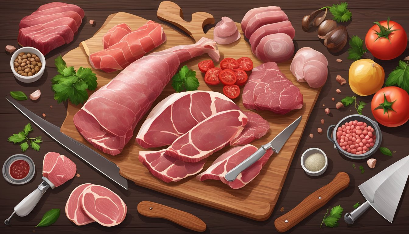 A variety of fresh raw meats and organs laid out on a wooden cutting board, surrounded by sharp knives and a meat grinder