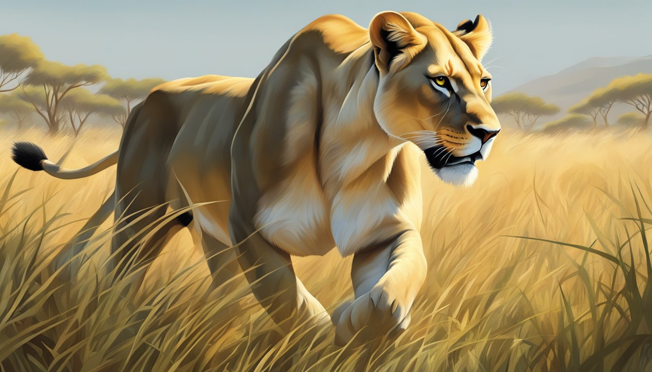 A lioness prowls through a grassy savanna, her powerful muscles rippling as she hunts for prey. The sun beats down, casting harsh shadows and highlighting her sleek, carnivorous form