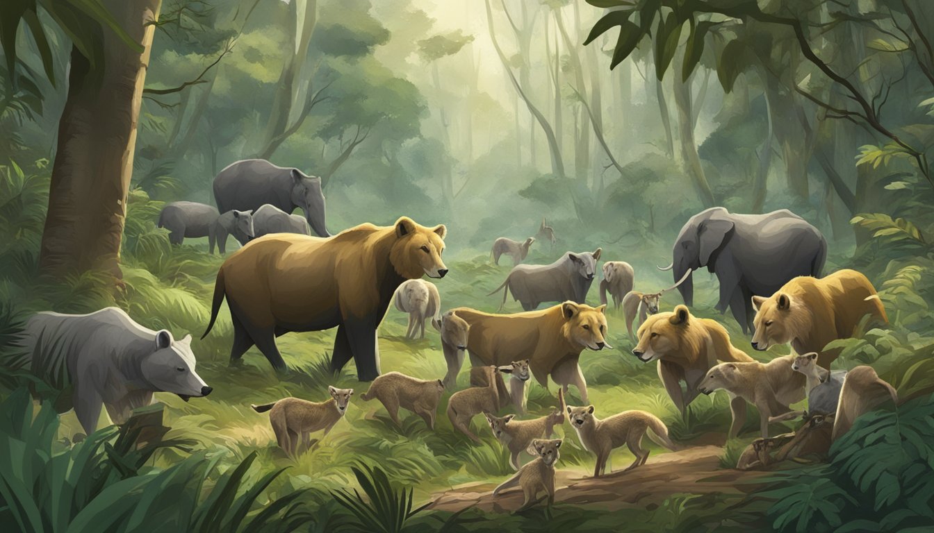 A pack of wild animals feasting on a fresh kill in a dense jungle clearing