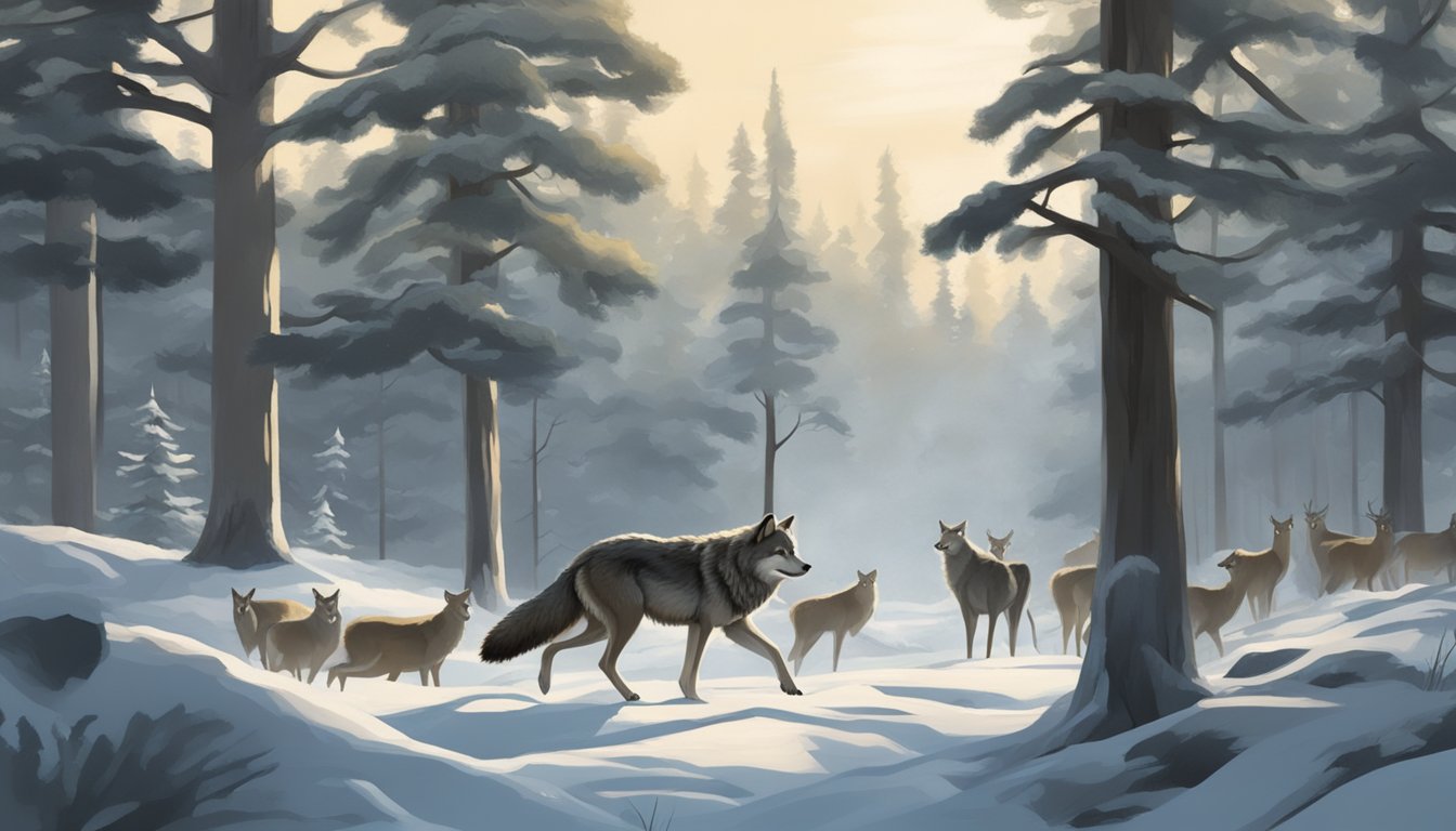 A wolf prowls through a forest, its sharp eyes fixed on a herd of deer. The air is rich with the scent of pine and damp earth