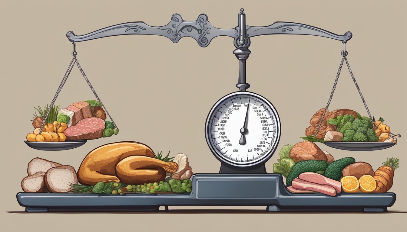 A scale displaying a consistent number, surrounded by various meats and animal products