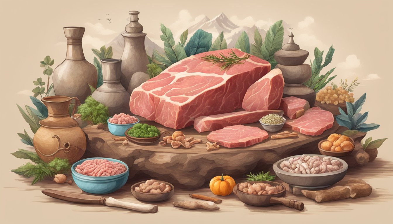 A collection of raw meat and bones arranged in a natural, rustic setting, surrounded by images of primal animals and symbols of ancient healing