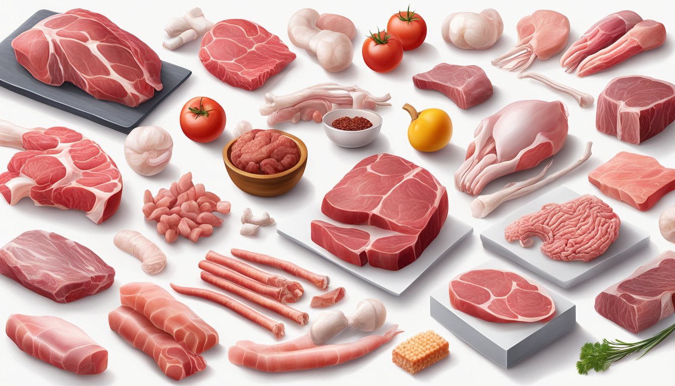 A variety of raw meat, bones, and organs arranged on a clean, white surface