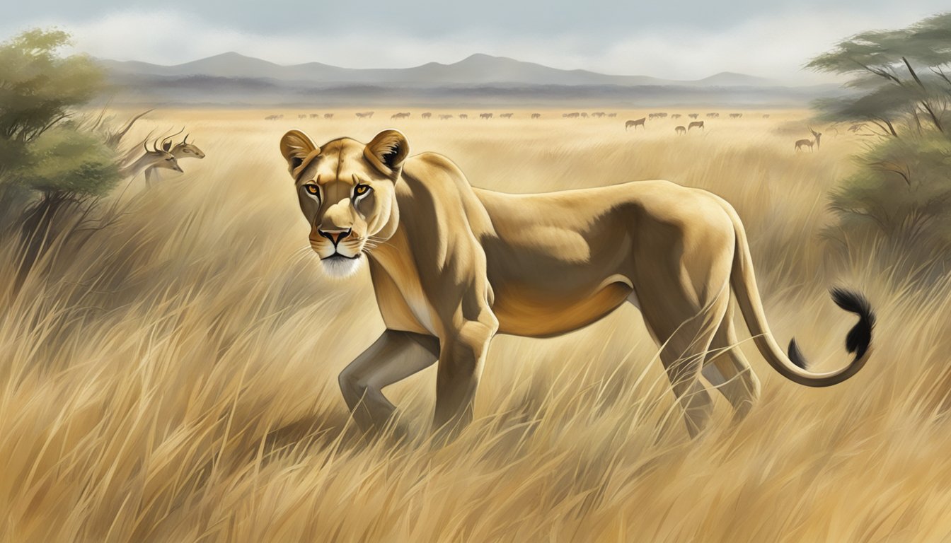 A lioness prowls through a grassy savanna, stalking a herd of antelope with focused intensity