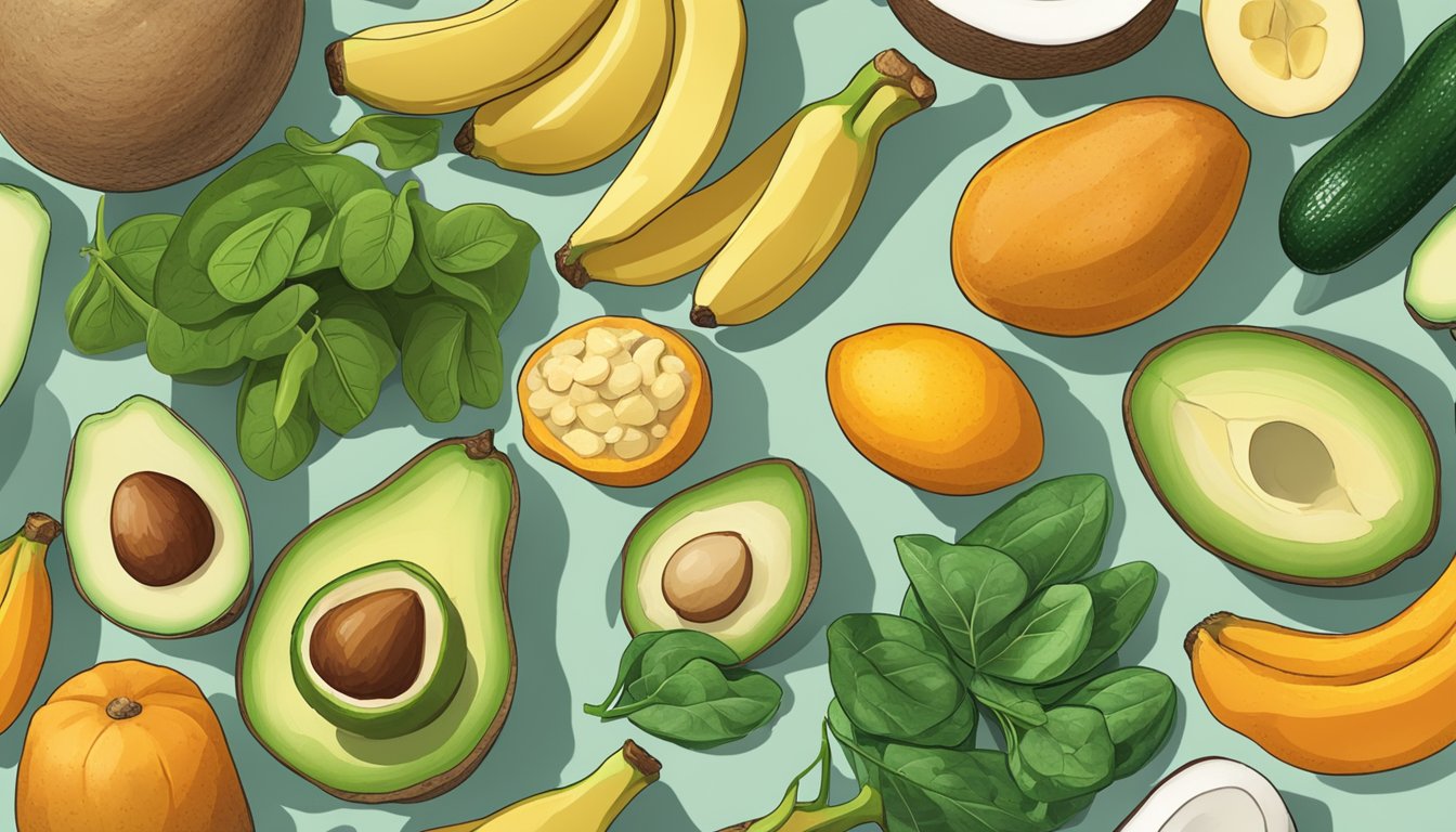 A variety of potassium-rich foods arranged on a table, including bananas, avocados, spinach, and sweet potatoes