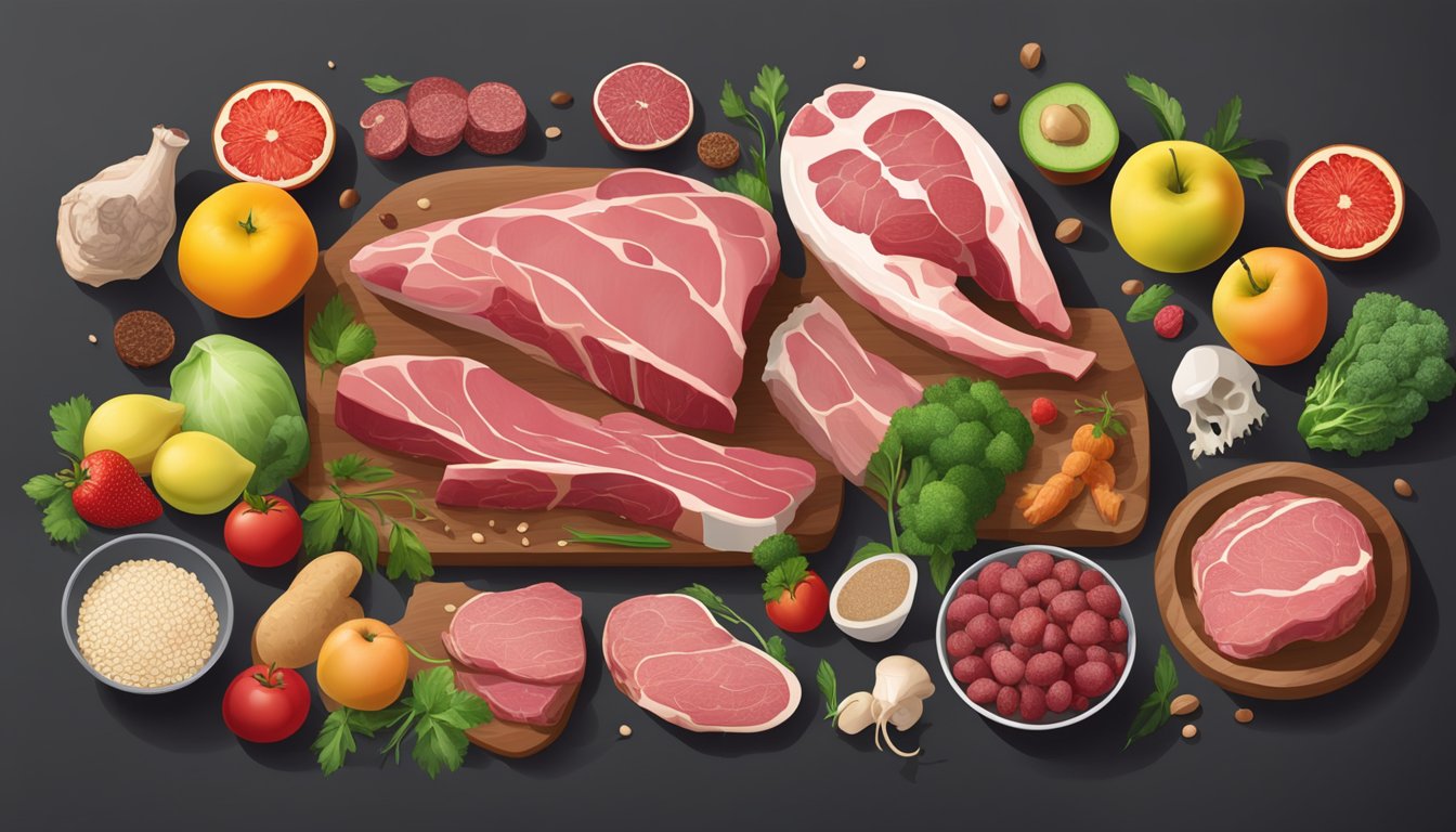 A table with various foods: raw meat, organs, and bones for the carnivore diet, alongside fruits, vegetables, and grains for other diets