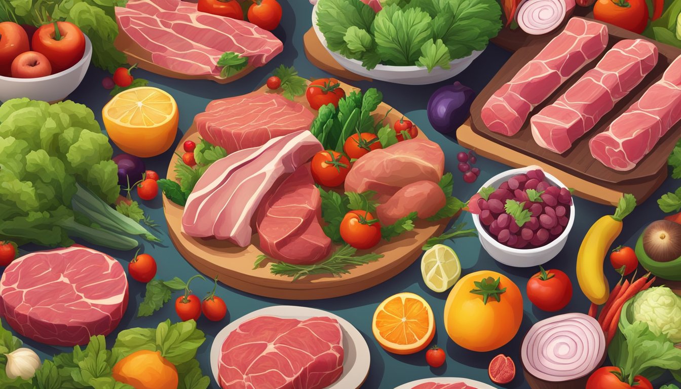 A table set with a variety of fresh, raw meats and organs, surrounded by vibrant, colorful vegetables and fruits. A serene, peaceful atmosphere