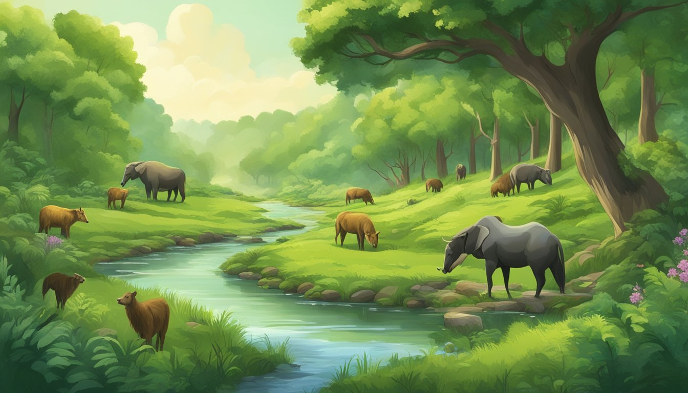 A lush, green forest with various animals grazing peacefully, while a small stream flows through the landscape