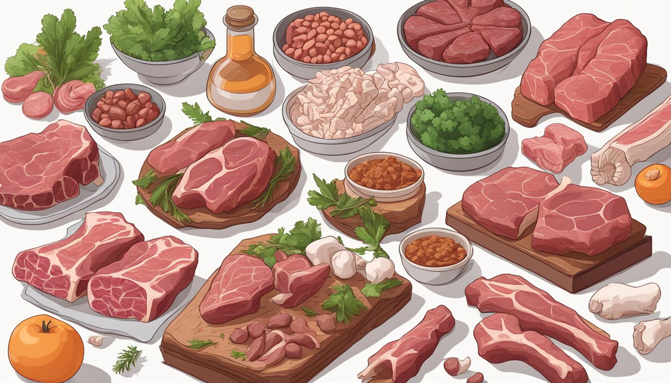 A table filled with fresh, raw meat and organs. A variety of animal bones scattered around. A stack of books on the benefits of the carnivore diet