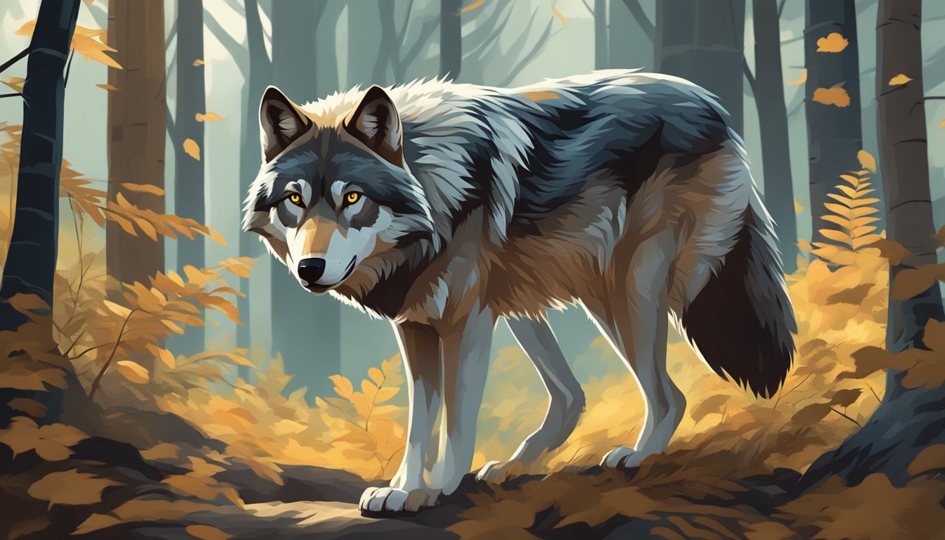 A wolf prowls through a dense forest, its keen eyes scanning for prey. The air is still, and the only sound is the rustling of leaves under the wolf's powerful paws