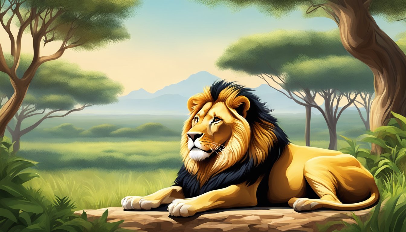 A lion resting peacefully in the shade, surrounded by a lush and vibrant savanna landscape