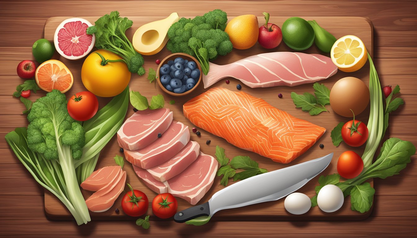 A variety of fresh meats, fish, eggs, and leafy greens arranged on a wooden cutting board, surrounded by vibrant fruits and vegetables