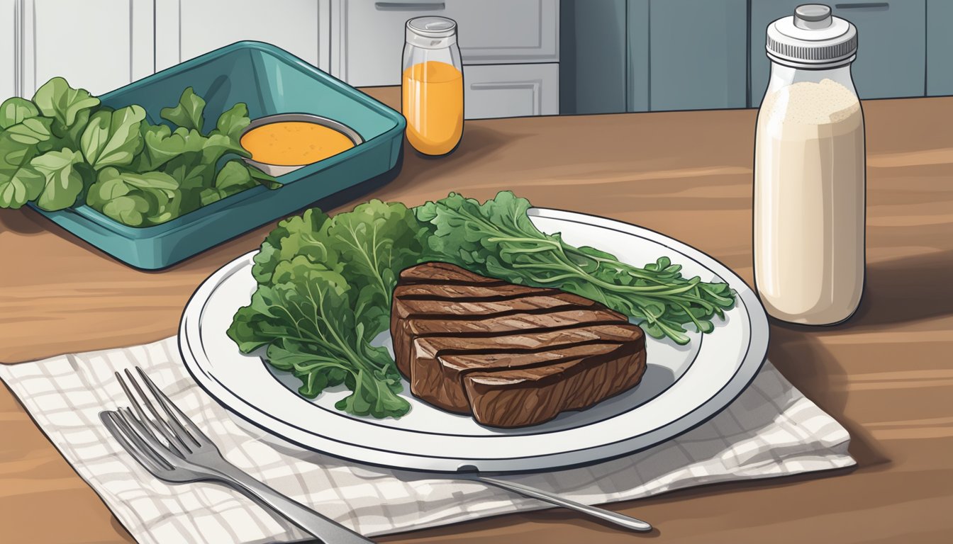 A plate of grilled steak and leafy greens sits next to a shaker bottle of protein powder on a kitchen counter