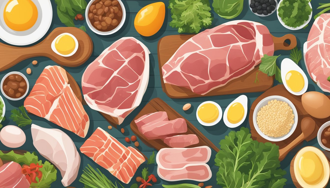 A colorful array of fresh meats, fish, eggs, and leafy greens arranged on a wooden table, with a measuring tape and prenatal vitamins nearby