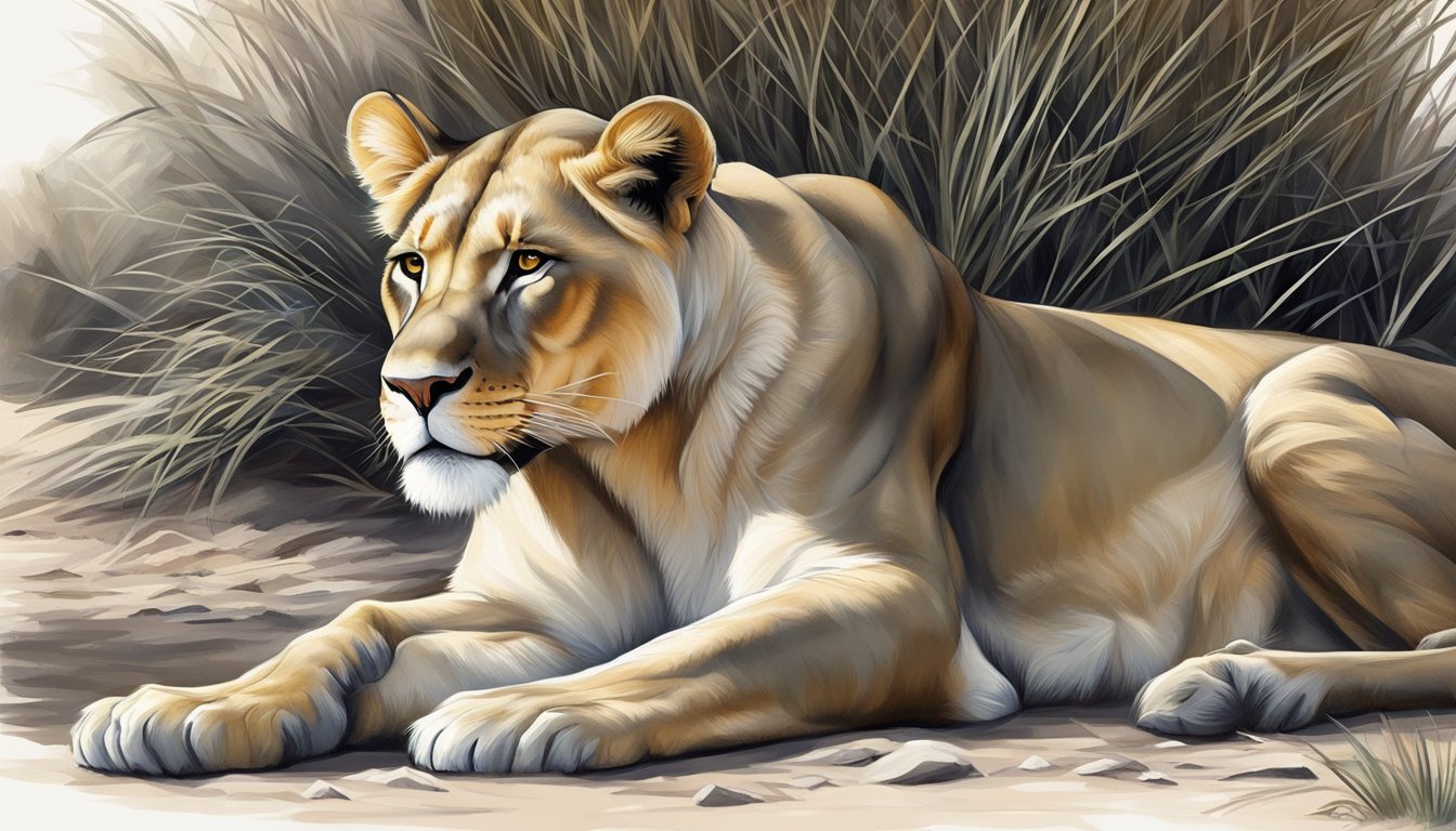 A lioness rests in the shade after a successful hunt, her powerful muscles visible beneath her sleek fur. She pants lightly, her golden eyes scanning the horizon for any potential threats