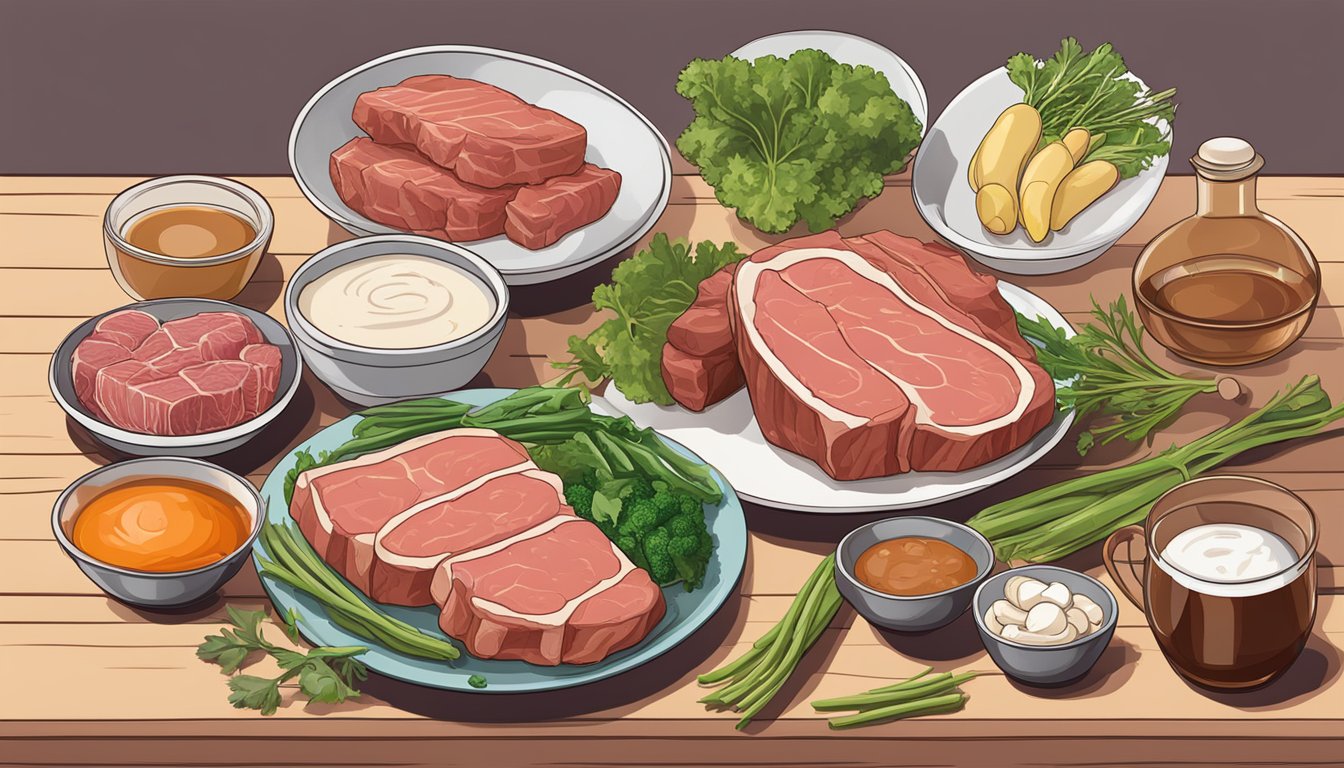 A carnivore diet pregnancy nutrition: A variety of raw meat, organ meats, and bone broth displayed on a wooden table with a bowl of fresh vegetables