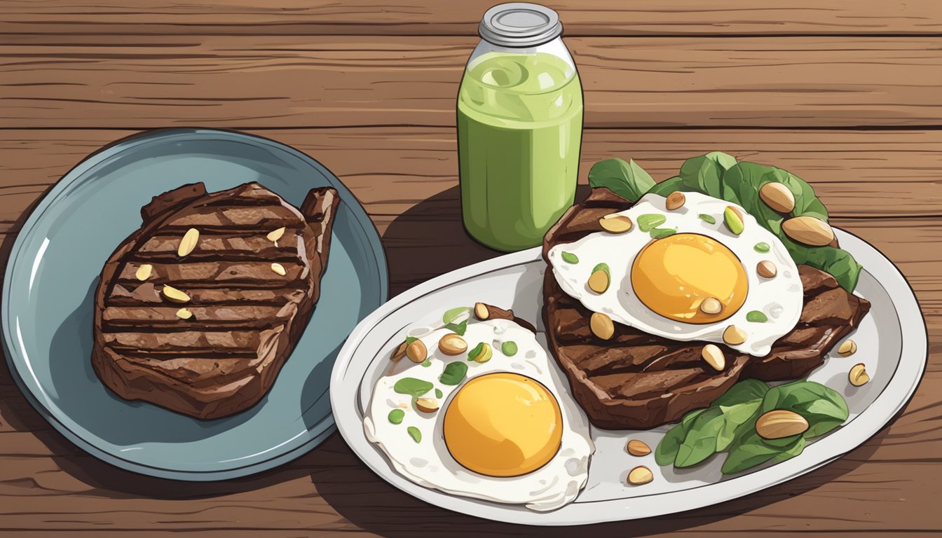 A plate of grilled steak and eggs, with a side of avocado and a handful of nuts, sits on a wooden table next to a water bottle and a protein shake