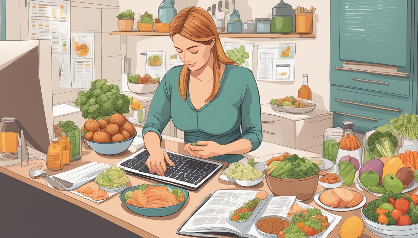 A pregnant woman researching carnivore diet options, surrounded by nutritional charts and food samples