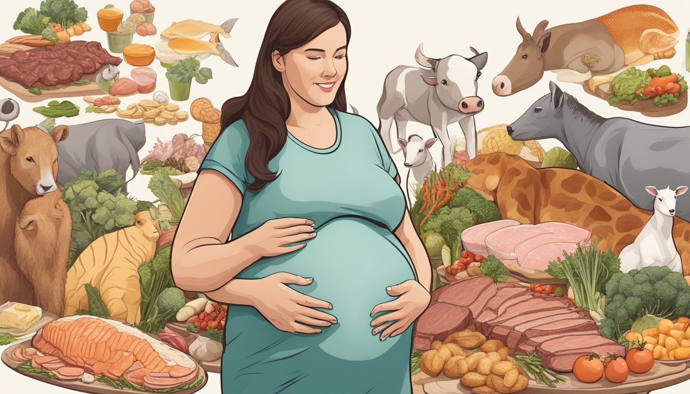 A pregnant carnivore surrounded by a variety of animal-based foods, including meat, fish, eggs, and dairy products, with a focus on nutrient-dense options