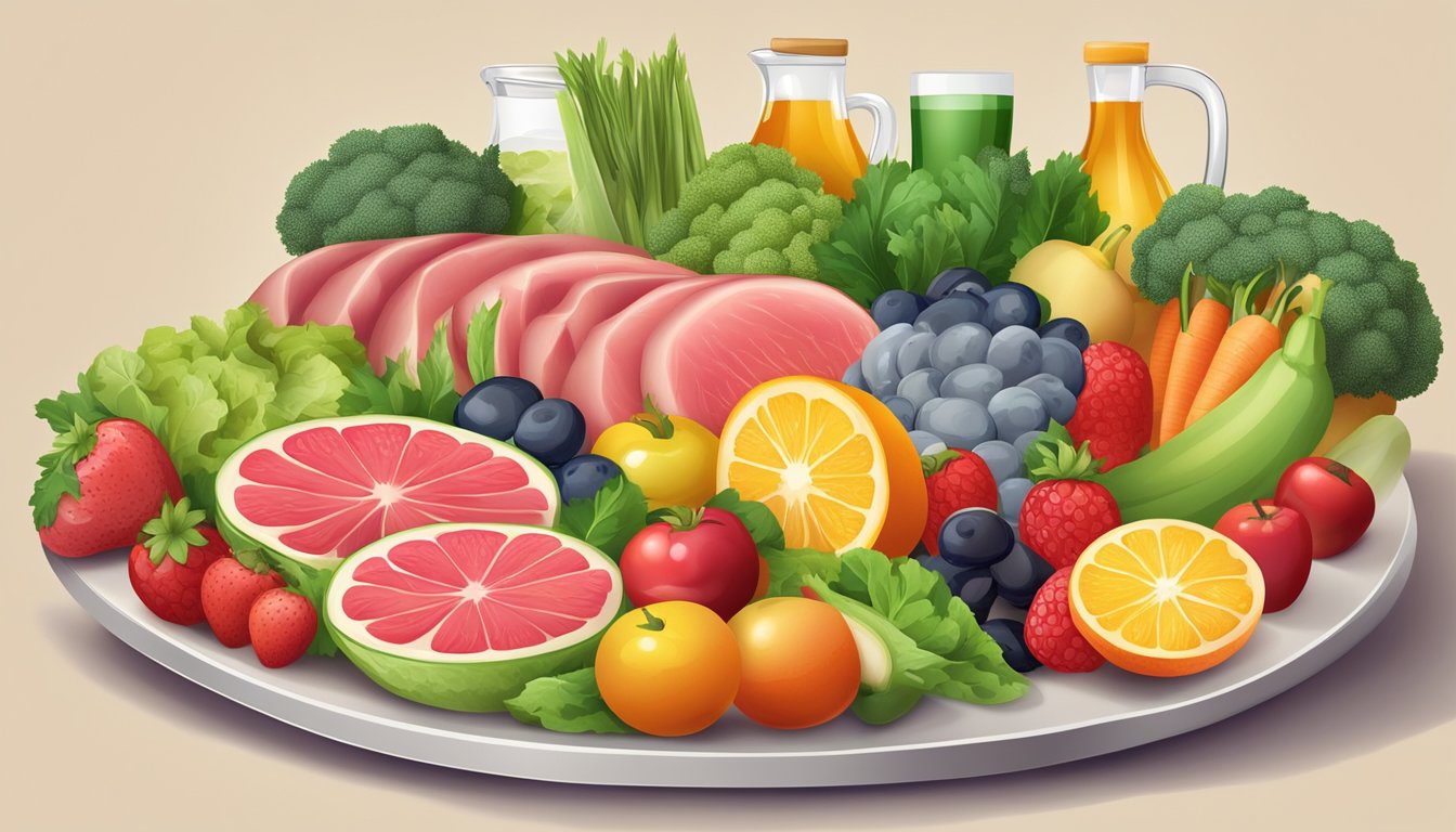 A plate filled with fresh, colorful fruits and vegetables, alongside a lean cut of cooked meat, surrounded by various vitamin and mineral supplements