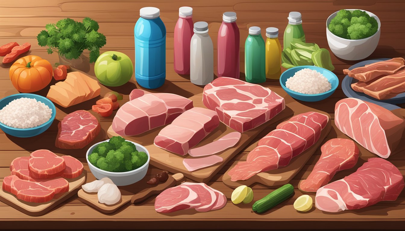 A variety of raw meats and animal products laid out on a wooden table, surrounded by exercise equipment and water bottles