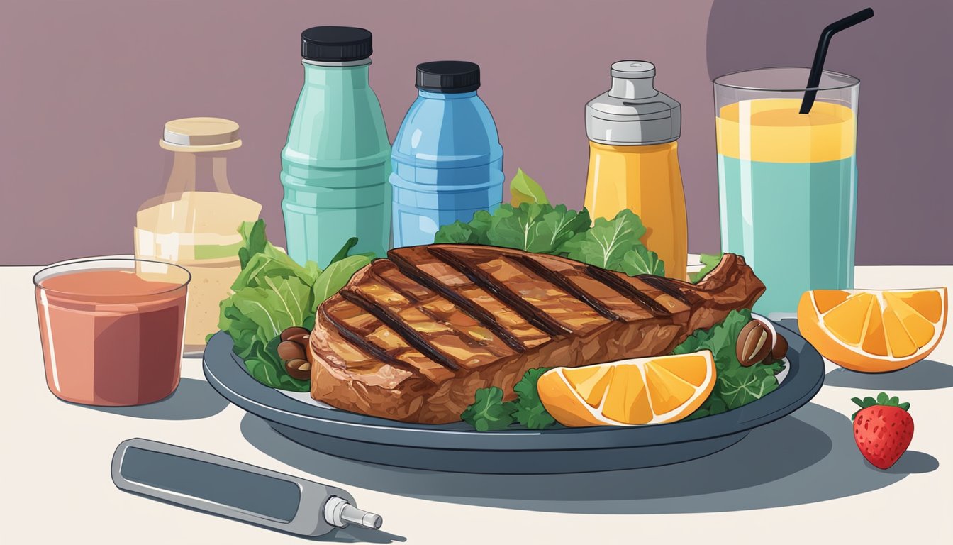 A plate of grilled lean meat, fish, and leafy greens, surrounded by colorful fruits and nuts. A water bottle and protein shake sit nearby