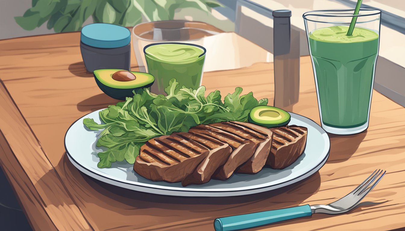 A plate of grilled meat, leafy greens, and a side of avocado on a wooden table next to a water bottle and a protein shake