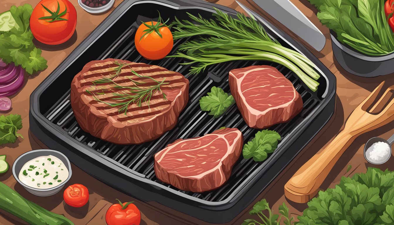 A raw steak sizzling on a grill, surrounded by fresh vegetables and herbs. A knife and fork lay on the side, ready to dig in