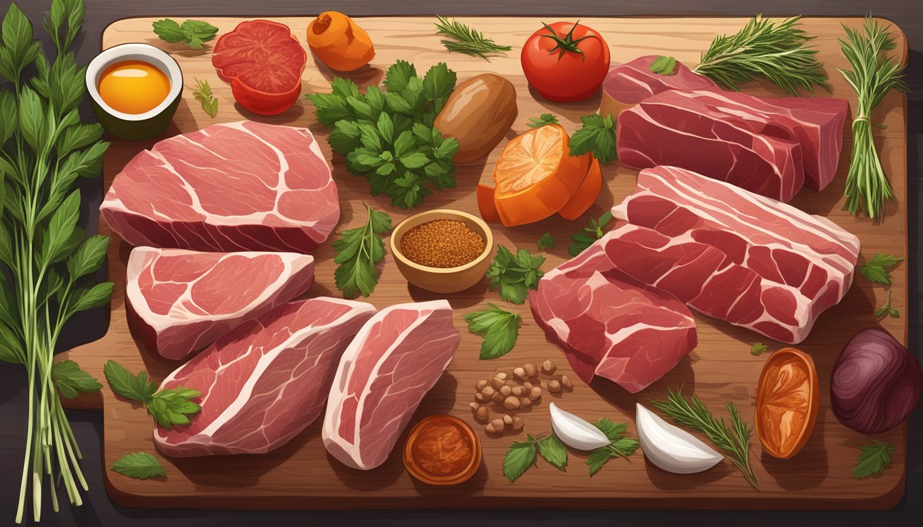 A variety of red meats arranged on a wooden cutting board, surrounded by fresh herbs and spices, with a focus on the rich colors and textures of the meat