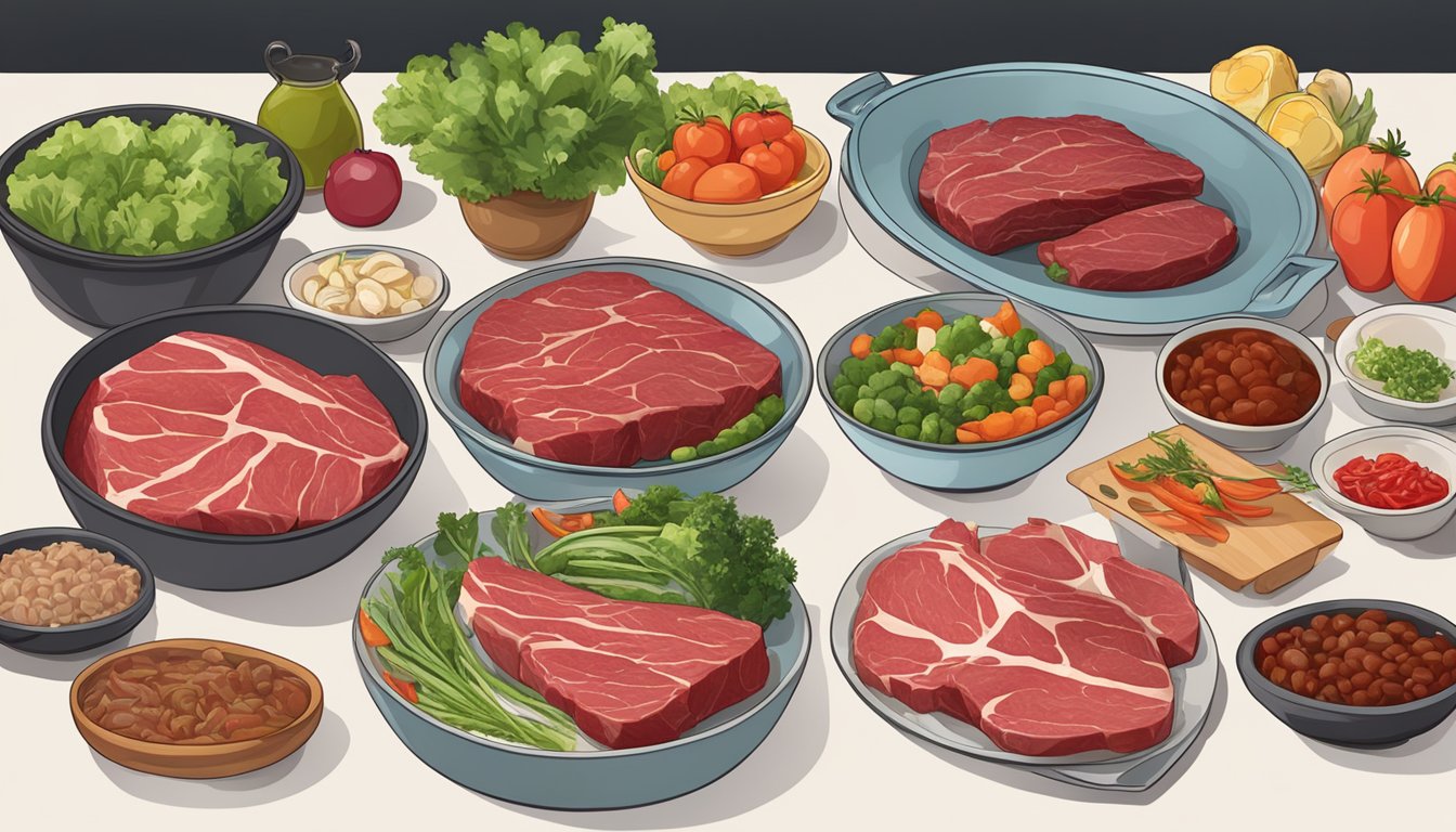 A table set with various cuts of red meat, surrounded by empty vegetable bowls