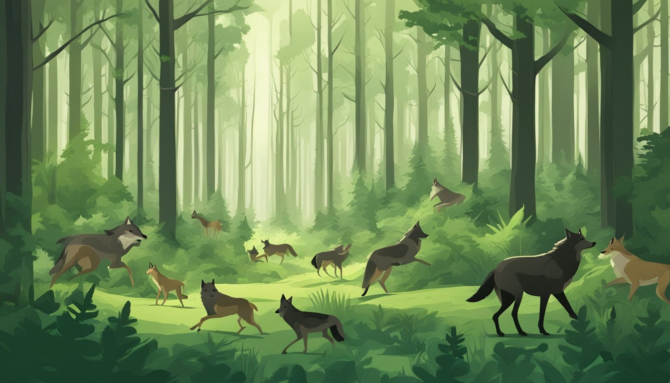 A lush green forest with a pack of wolves hunting a herd of deer