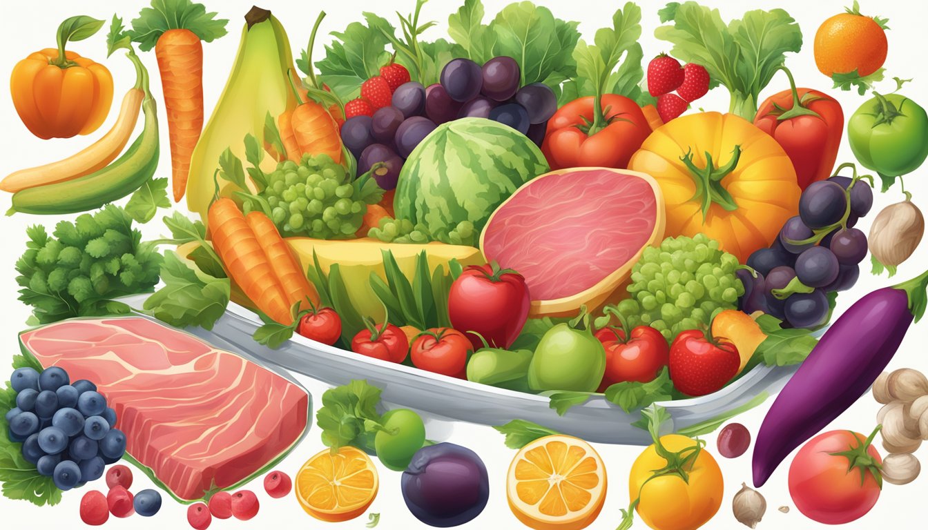 A vibrant illustration of a variety of fresh, colorful fruits and vegetables, alongside lean cuts of meat, with a focus on the liver