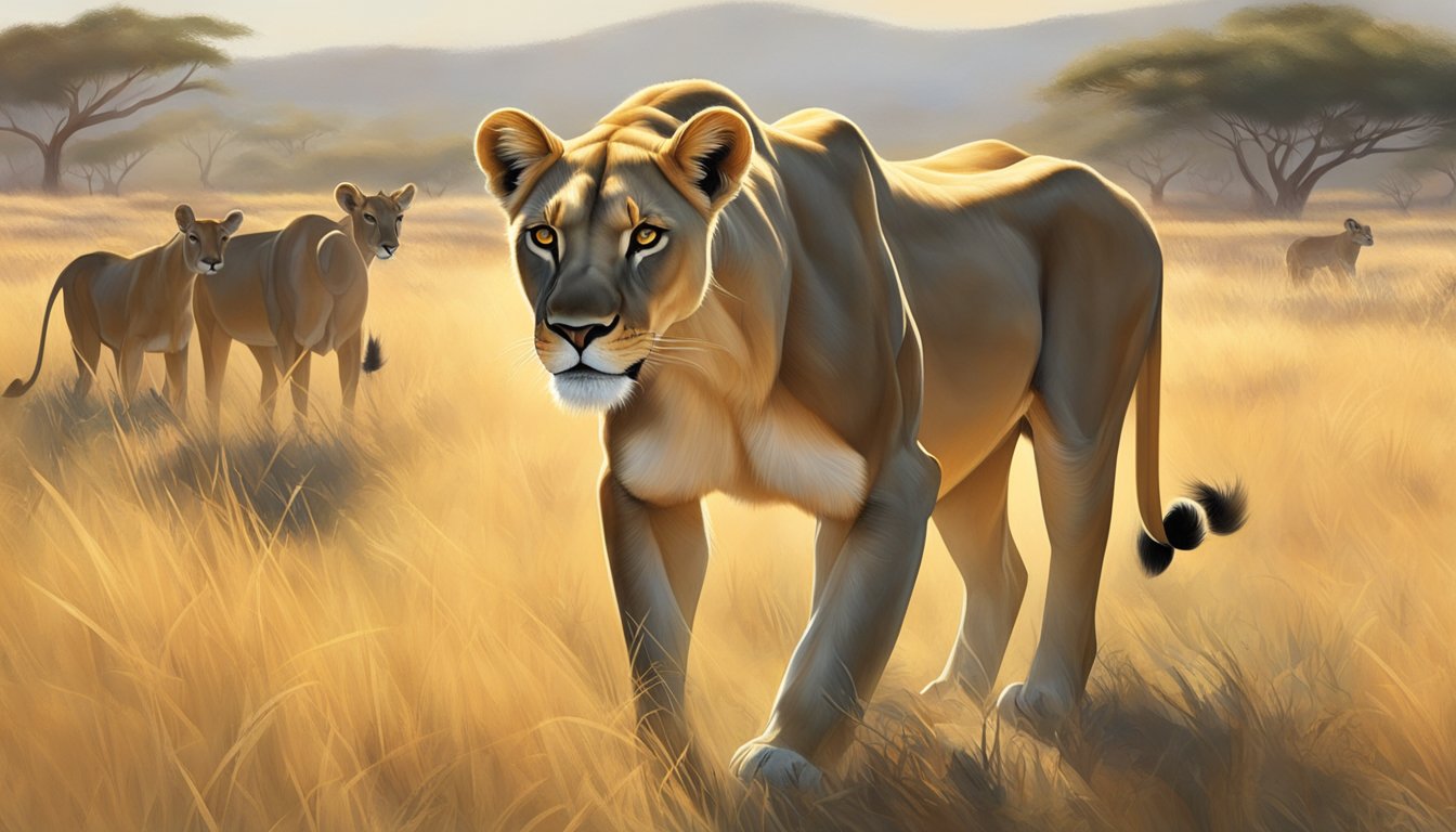 A lioness prowls through a grassy savanna, her sharp eyes fixed on a herd of antelope. The sun casts a warm glow on her sleek, muscular form as she prepares to hunt for her next meal