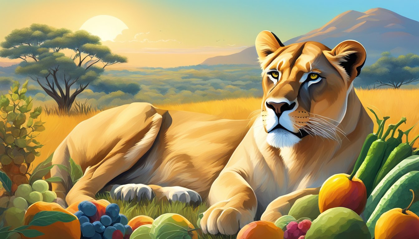 A lioness lounges in the savanna, surrounded by a variety of colorful fruits and vegetables. She gazes at a clear blue sky, exuding strength and vitality